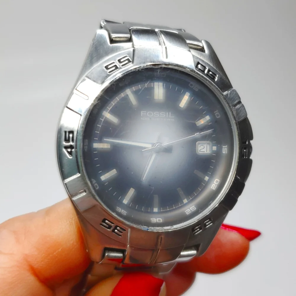 Vintage Fossil Blue AM-3997 Mens Watch Silver Steel Wristband Gray Face Watch